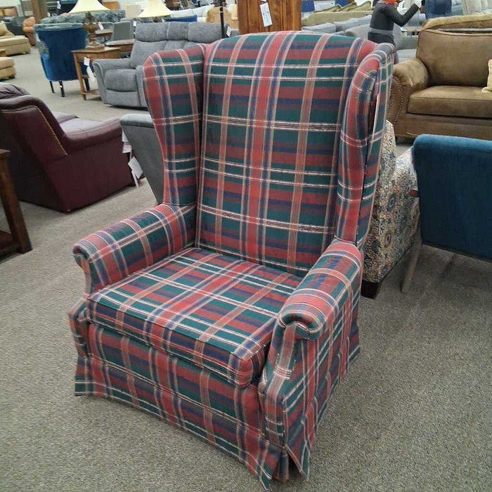 Oversized Red Plaid Fabric Wingback Chair