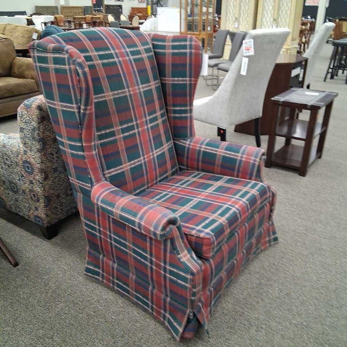 Oversized Red Plaid Fabric Wingback Chair