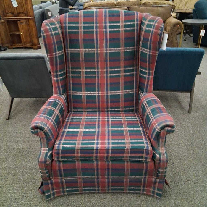 Oversized Red Plaid Fabric Wingback Chair