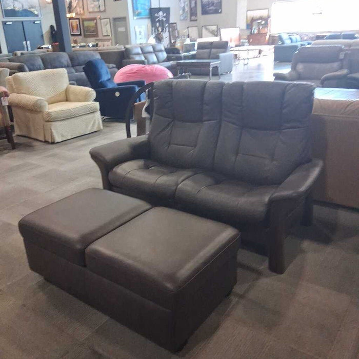 Ekornes Brown Leather Loveseat & Ottoman