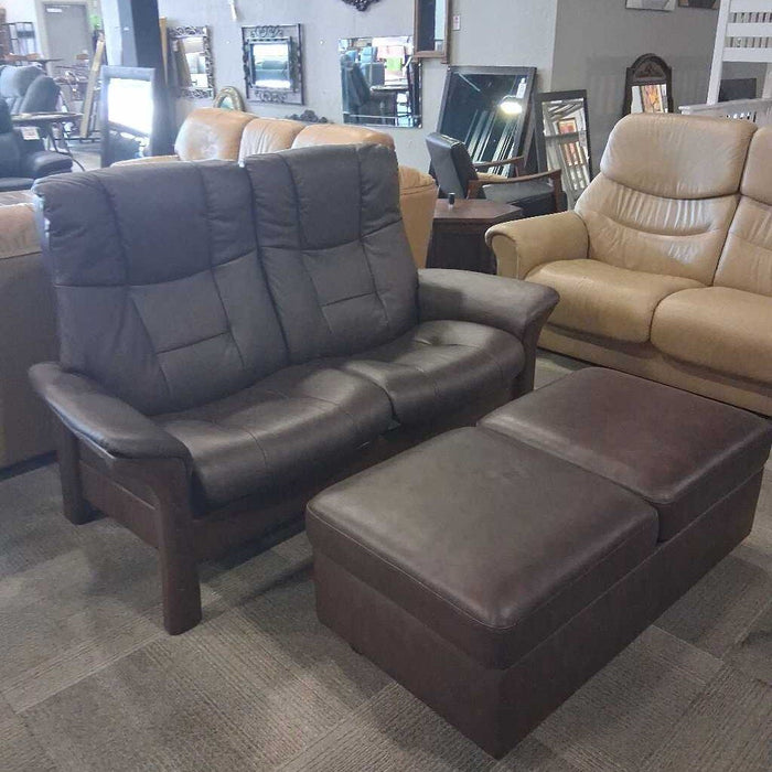 Ekornes Brown Leather Loveseat & Ottoman