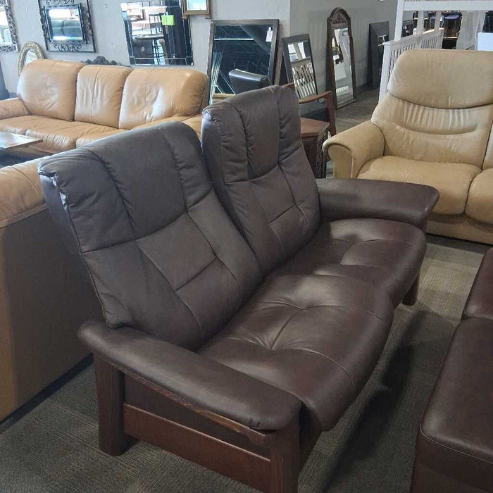 Ekornes Brown Leather Loveseat & Ottoman