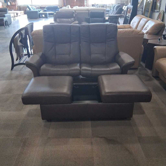 Ekornes Brown Leather Loveseat & Ottoman