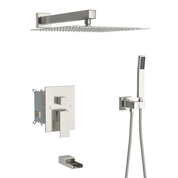 12" Ceiling Mount Square Shower System With Waterfall Tub Spout And Rough In Valve
