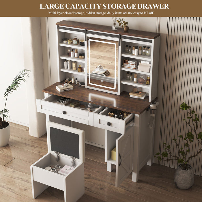 Farmhouse Makeup Vanity Desk With Sliding Mirror, LED Lights, And Storage Glass, Metal, And Wood Construction - White