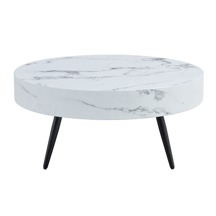 Modern Round Coffee Table With Marble Patterned, Metal Legs, Adjustable Feet - White