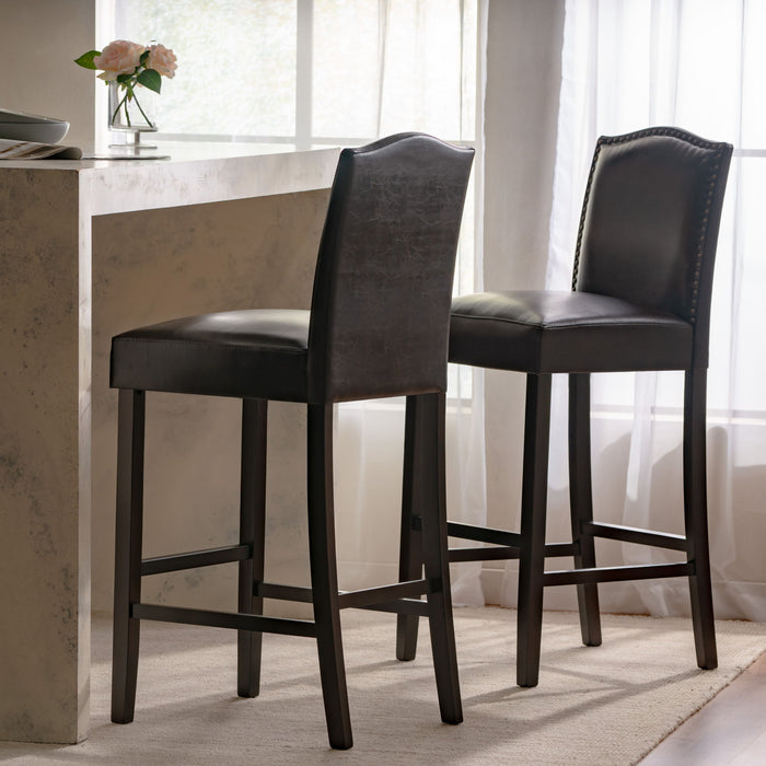 Bar Stools (Set of 2), Upholstered Barstools Armless, Rubber Wood Leg - Brown
