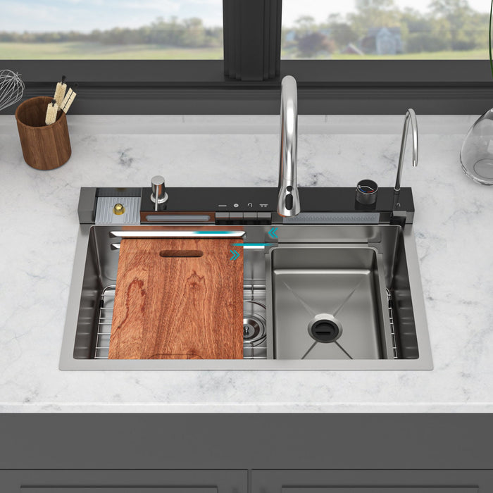 Kitchen Waterfall Sink Single Bowl With LED Faucet, Ledge Workstation, And Multi Function Pull Out Spray - Brushed Nickel