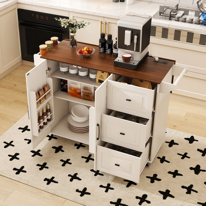 Kitchen Island Cart With Foldable Tabletop & Drop Leaf Mobile Breakfast Bar With Wood Top And Storage - White / Walnut