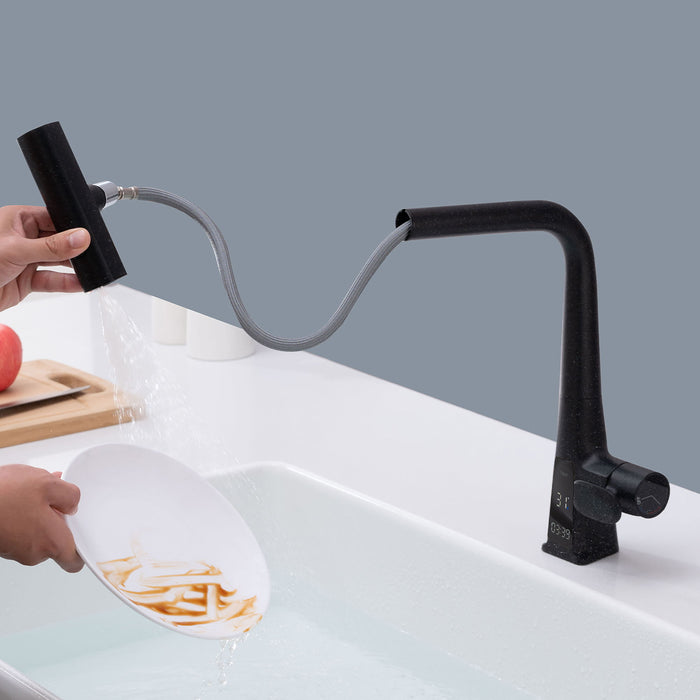 Modern Waterfall Kitchen Faucet With Temperature Display And Pull Down Sprayer