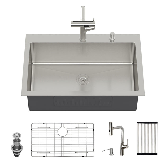 30" Single Bowl Drop In Kitchen Sink With Pull Out Faucet And Soap Dispenser - Brushed Nickel