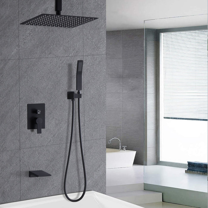Contemporary Shower System With 12" Rainfall Head And Handheld Spray, Wall Mounted - Matte Black
