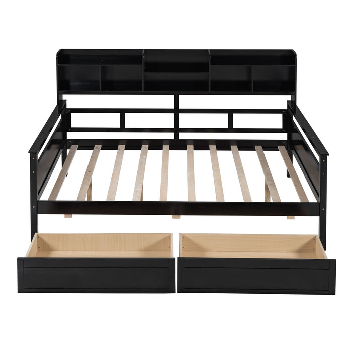 Daybed, Wood Slat Support, With Bedside Shelves And Two Drawers