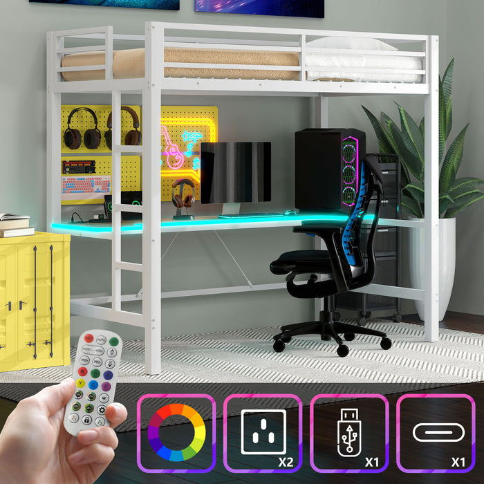 Gaming Metal Loft Bed Frame With LED Light, USB Charge Station And Desk