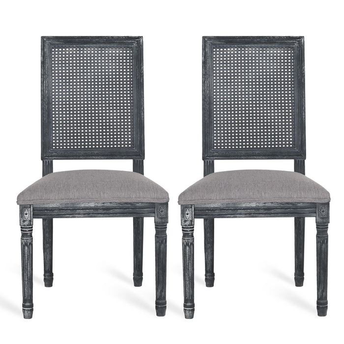 French Country Dining Chair With Rectangular Cane Backrest And Smooth Upholstered Seating