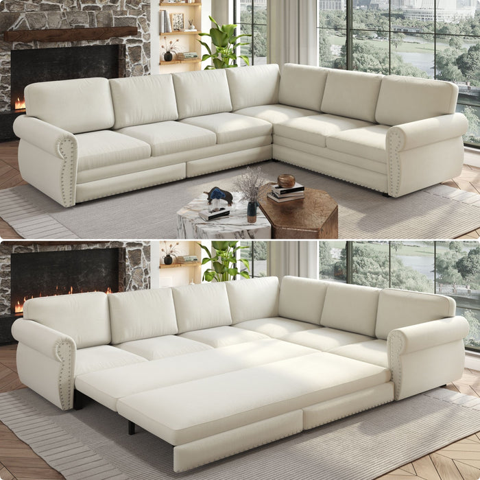 L-Shaped Sofa Couch With Pull Out Bed With Nailhead Trim & Rolled Arm