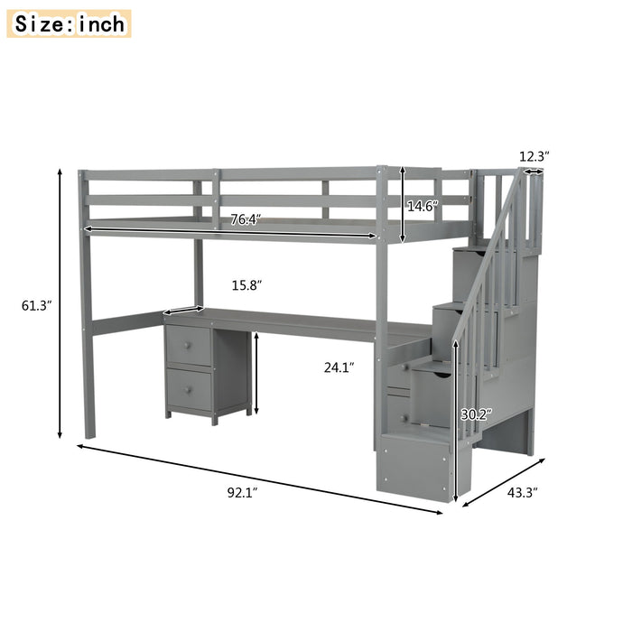 Loft Bed Frame With Built In Desk And Double Storage Drawers