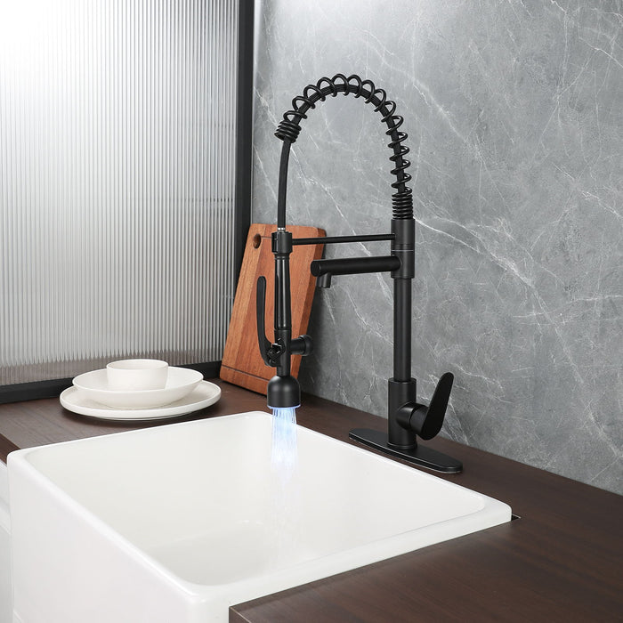 Kitchen Sink Faucet With LED Pull Down Sprayer, Single Handle High Arc Faucet, Dual Spouts, Deck Mount - Matte Black