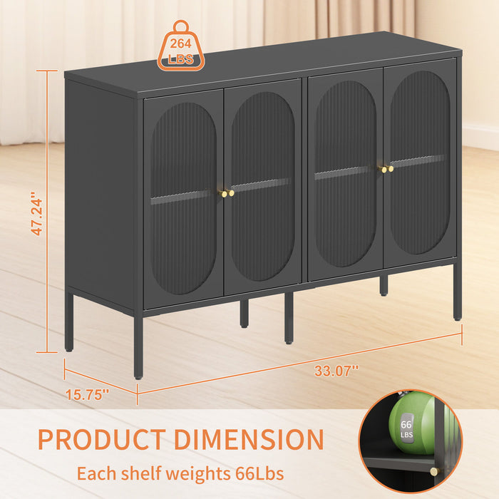Modern Metal Sideboard Cabinet With 4 Glass Doors, Steel Kitchen Storage And Coffee Bar Cabinet - Black