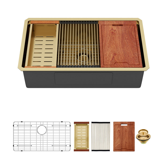 Undermount Kitchen Sink 36 X 19 X 9", 16 Gauge Deep Workstation Sink With Cutting Board And Accessories - Gold