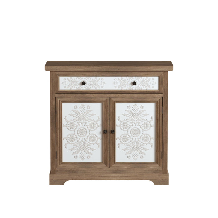 Accent Cabinet With Carved Floral Panels, Sideboard With Drawer And Double Doors - Antique Brown / White