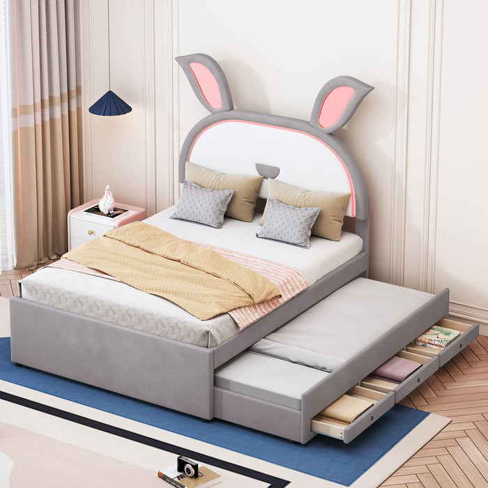 Upholstered Platform Bed With Trundle And 3 Drawers, Rabbit-Shaped Headboard With Embedded LED Lights
