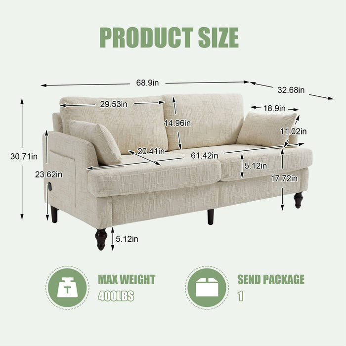 Chenille 2 Seater Sofa With LED Light, USB Charging Port, And Storage Bag