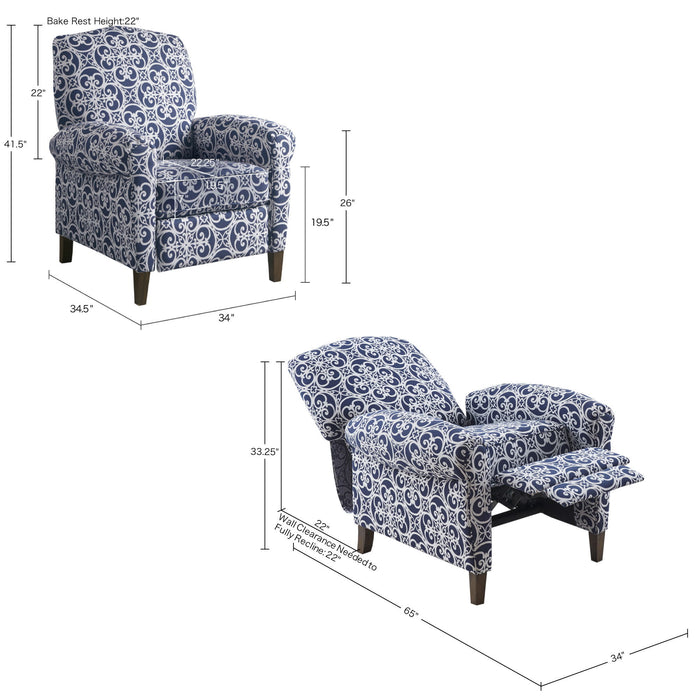 Push Back Recliner Chair With Fretwork Pattern And Solid Wood Legs - Multicolor