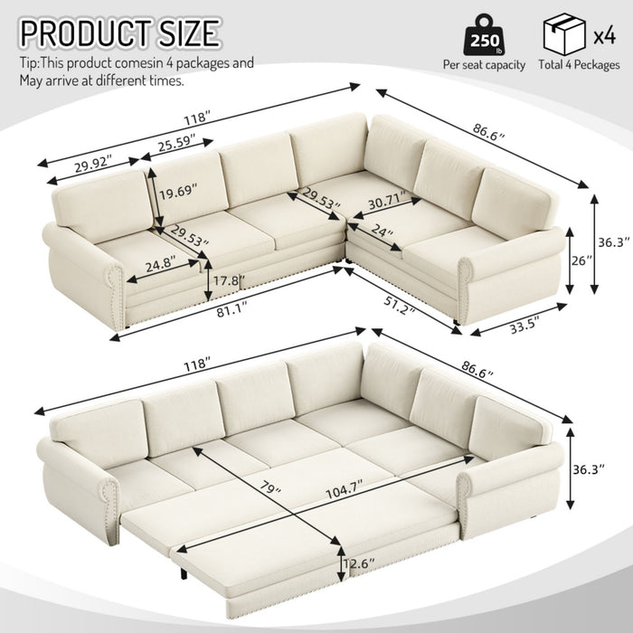 L-Shaped Sofa Couch With Pull Out Bed With Nailhead Trim & Rolled Arm