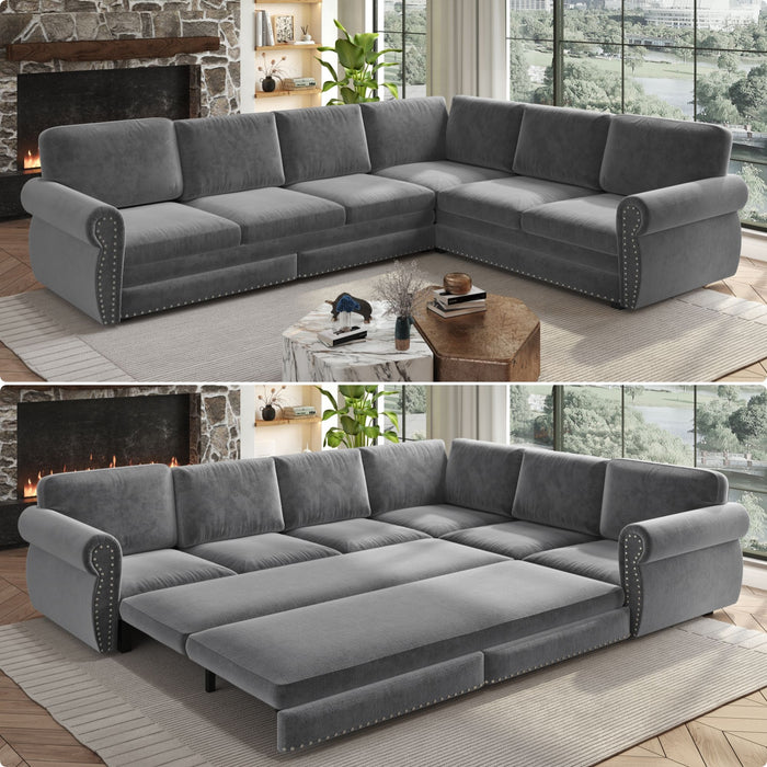 L-Shaped Sofa Couch With Pull Out Bed With Nailhead Trim & Rolled Arm