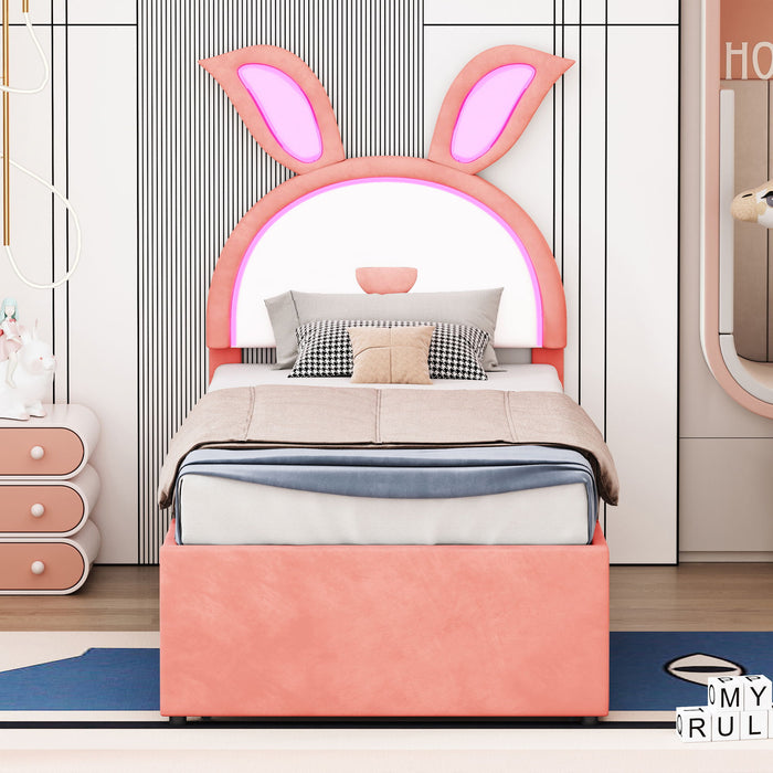 Upholstered Platform Bed With Trundle And 3 Drawers, Rabbit-Shaped Headboard With Embedded LED Lights