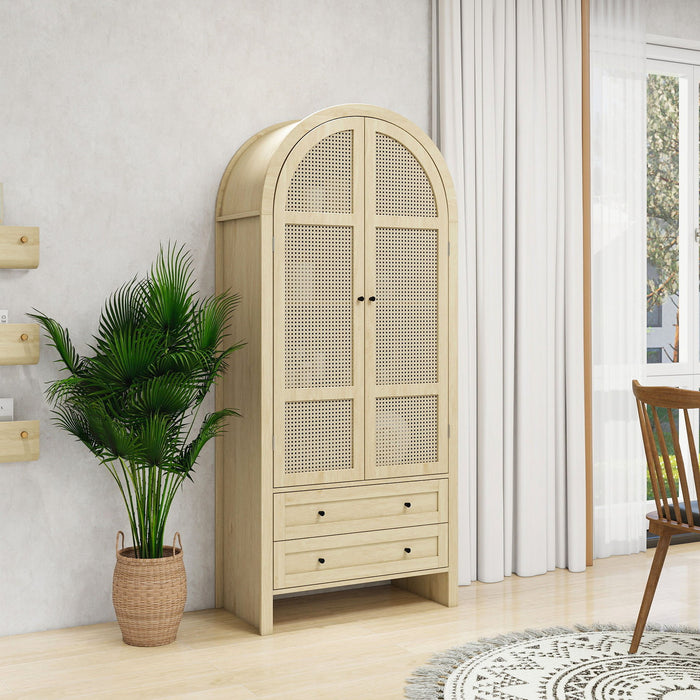 Tall Arched Kitchen Pantry, Arched Storage Display Cabinet With 2 Drawers & Adjustable Shelves, Rattan Door Versatile Storage Cabinet For Kitchen, Dining Room, Living Room - Natural