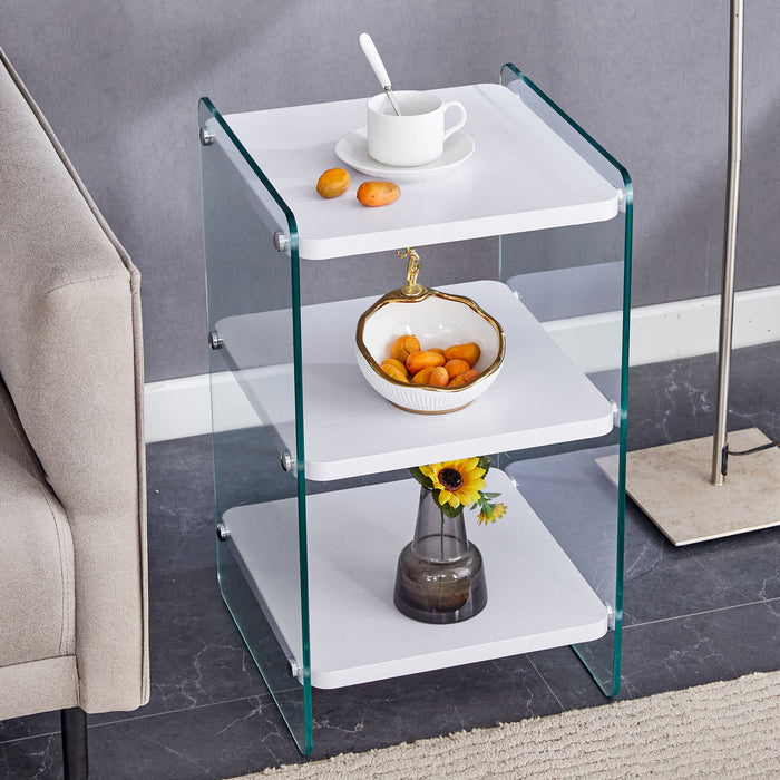 Simple Elegant Bedside Table With Storage Function And Tempered Glass - White