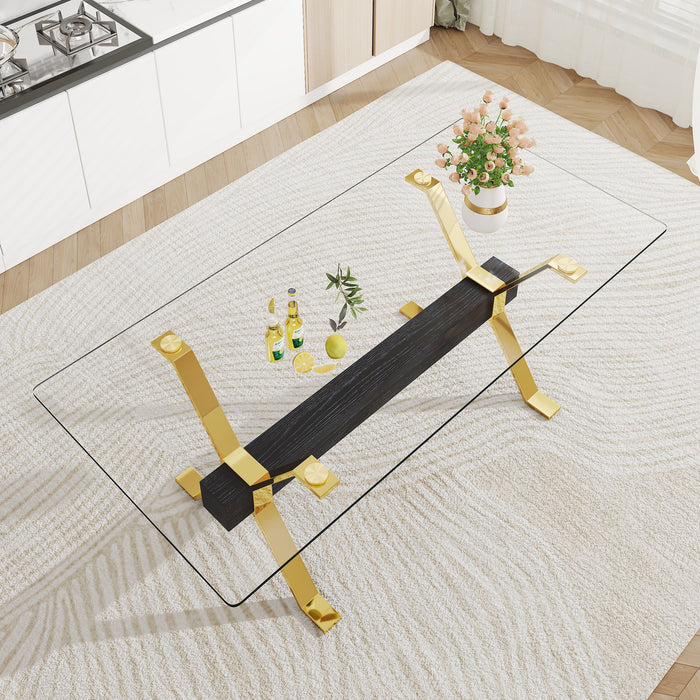 Modern Tempered Glass Dining Table With Metal Legs And Crossbars - Transparent