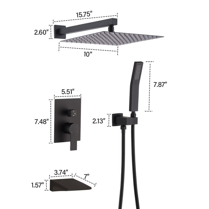 Modern Black Shower Faucet Set Rainfall System With 10" Shower Head And Handheld Combo Stainless Steel - Matte Black