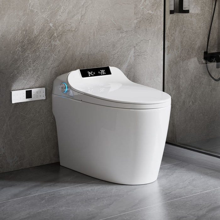 Smart Toilet Bidet Combo With Foot Sensor Open Cover / Seat, Self Cleaning Nozzle, LED Display, Three Level Heated Seat / Airflow, Night Light, Knob Control, Soft Close, Auto Flush, With Remote Control - Gloss White