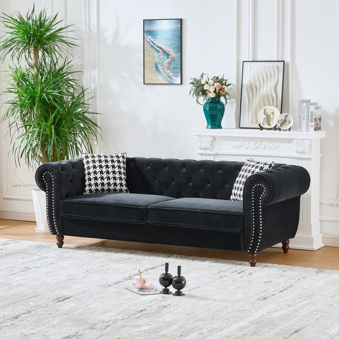 Chesterfield Velvet Upholstery Fabric Sofa With Roll Armrest & Nailhead