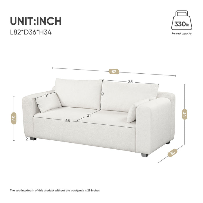 Modern Loop Yarn Sofa, One Piece Seat Frame, Minimalist 2-3 Seat Couch Easy To Install, Loveseats With Extra Wide Domed Arms (2 Pillows) - White
