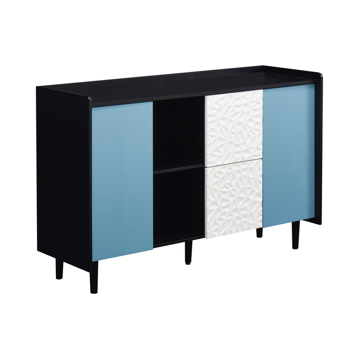 Modern Sideboard Buffet Cabinet With Red Doors And Unique Panel Styling