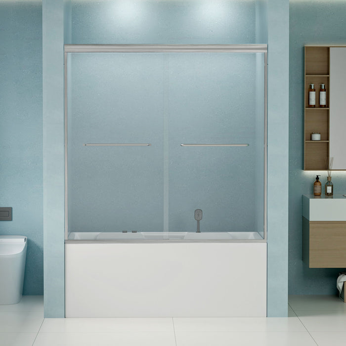Double Sliding Bathtub Shower Door, Semi Frameless Bypass, 1 / 4" (6Mm) With Explosion - Proof Film, Adjustable Aluminum Alloy Frame