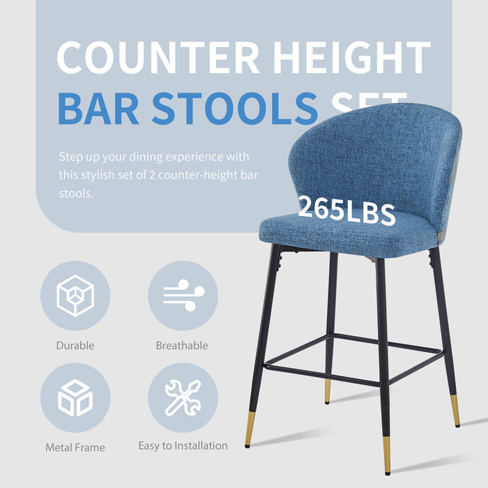 Counter Height Bar Stools (Set of 2), Jacquard Upholstered, Metal Footrest