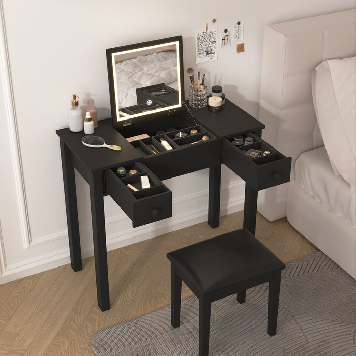 Vanity Table With LED Lights, Flip-Top Mirror And 2 Drawers, Jewelry Storage