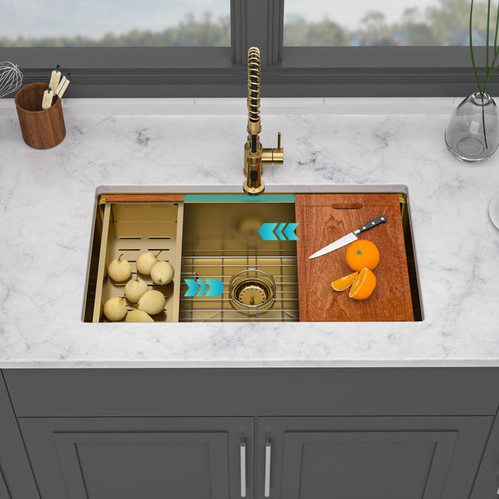 Gold Stainless Steel Undermount Kitchen Sink 36 X 19 X 9" 16 Gauge Deep Workstation Sink With Cutting Board And Accessories
