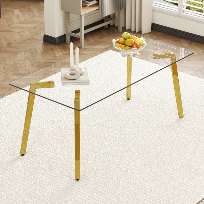 Minimalist Rectangular Dining Table With Transparent Glass Top And Metal Legs