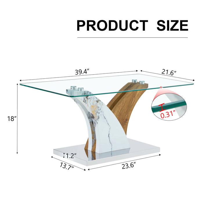 Modern Rectangular Coffee Table With Tempered Glass Top And Artistic Legs - White / Wood