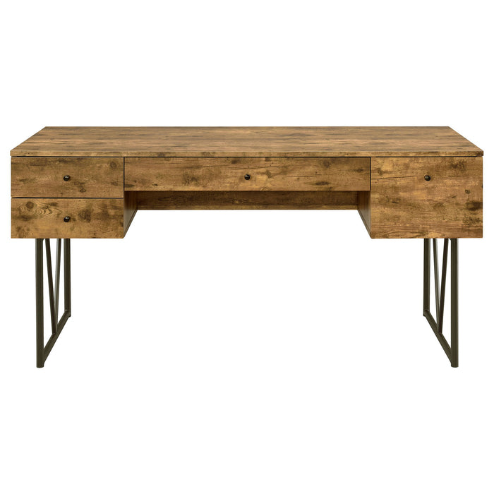 Rustic Industrial Charm Writing Desk With 4 Drawers And Open Shelf