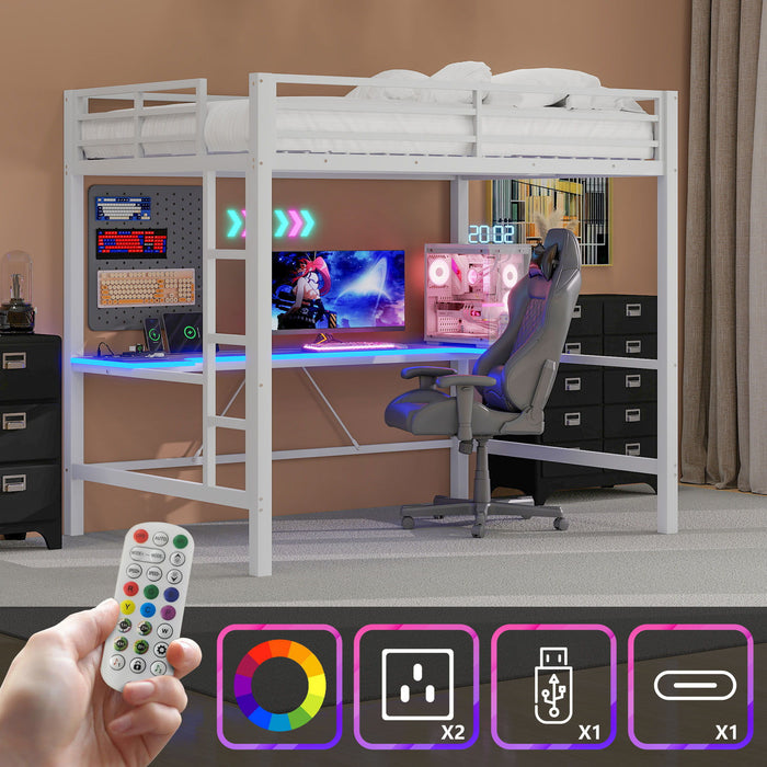 Gaming Metal Loft Bed Frame With LED Light, USB Charge Station And Desk