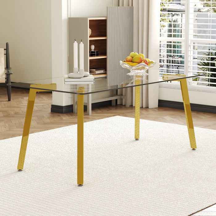 Minimalist Rectangular Dining Table With Transparent Glass Top And Metal Legs
