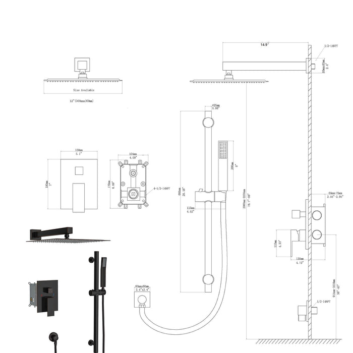 Wall Mounted Square Shower System With Adjustable Slide Bar, 12" Rainfall Shower Head - Oil-Rubbed Bronze
