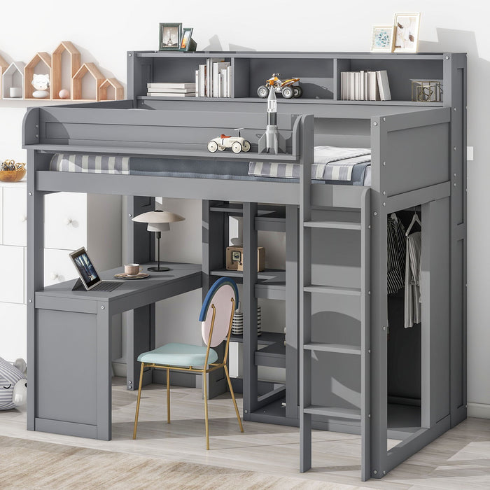 Loft Bed With Built In Desk, Storage Shelves, And Wardrobe
